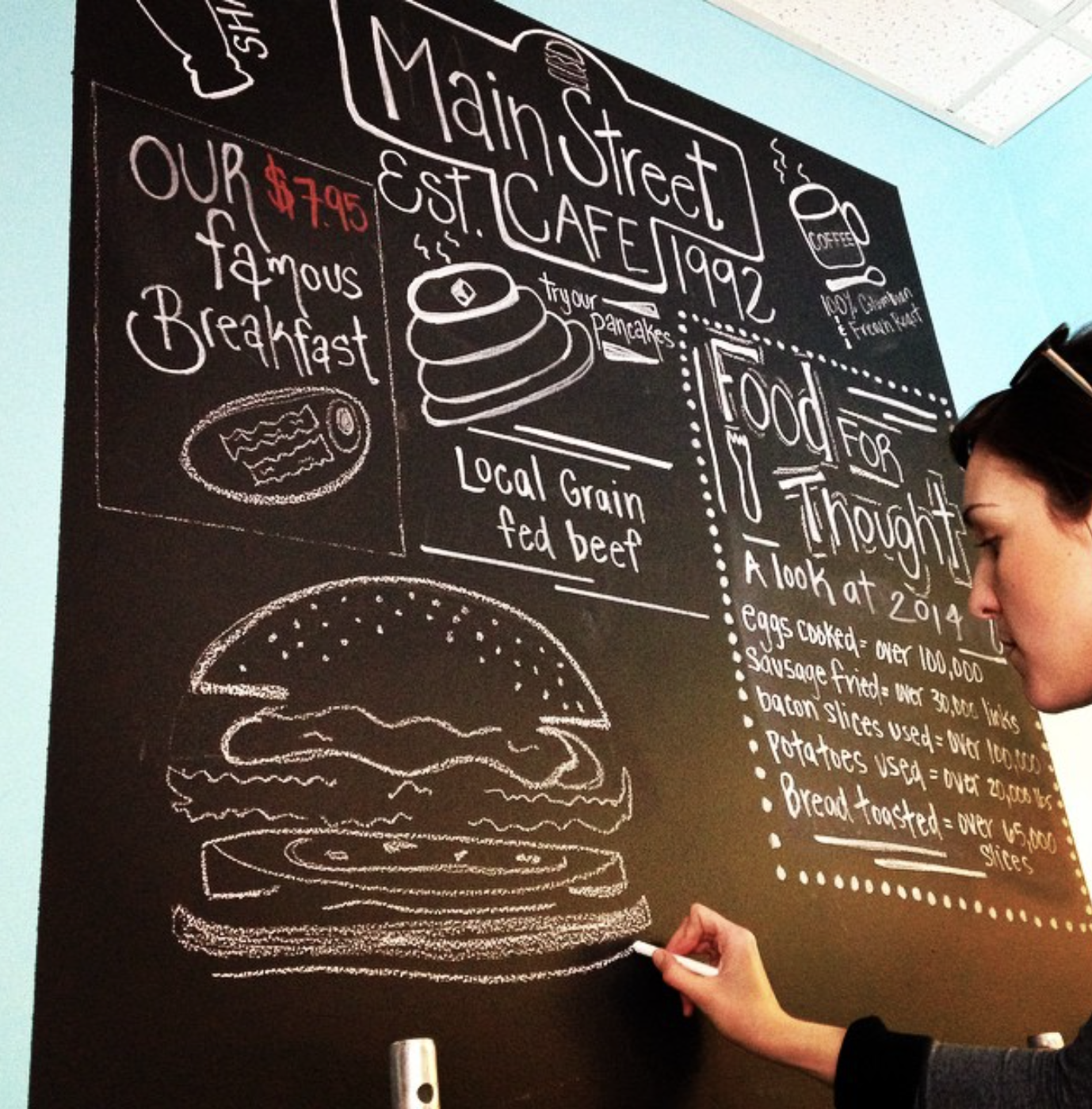 Hand-drawn chalkboard menu art being created at Main Street Cafe